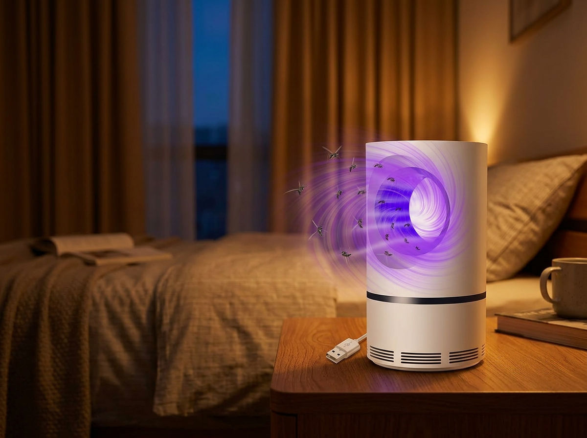 LumaGuard mosquito lamp on a nightstand in a warmly lit bedroom
